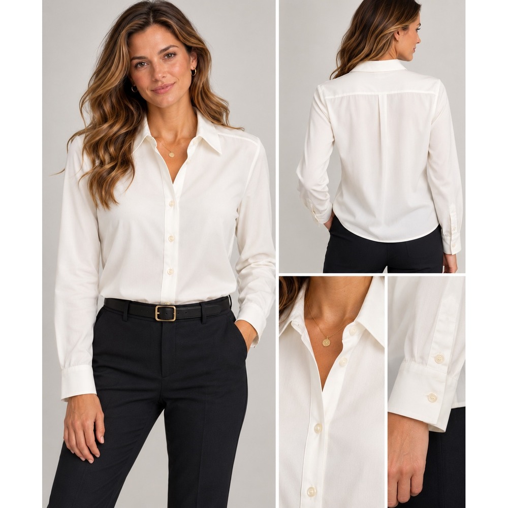Ann Taylor Off White Crepe Button Down Blouse Long Sleeve Top Large 483334